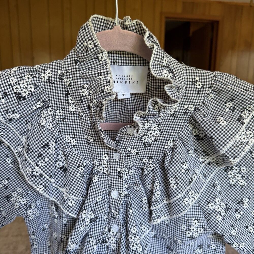 The Shirt Rochelle Behrens Floral Button Down XS Frilled Shirt Top Black White - Picture 3 of 12